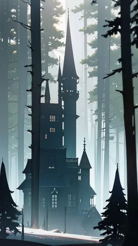 a dark mansion in a pine forest, moonlit night, silhouette of a figure, eerie atmosphere, sunshire lighting, dramatic shadows, photorealistic, cinematic, muted color palette, gothic, horror, mystery, the real morden house, glass