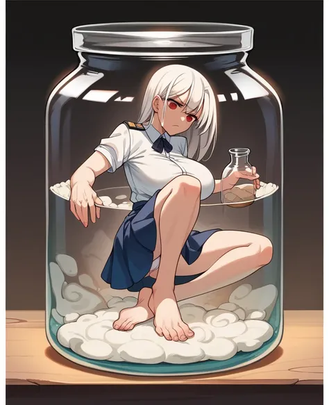 artwork, Attention to details, beautiful girl , big breasts, long white hair and red eyes, with  uniform, blue skirt, serious face, bare legs, white panties, whole body, barefoot, trapped inside a transparent glass jar, waxed inside, inside the jar, whole ...