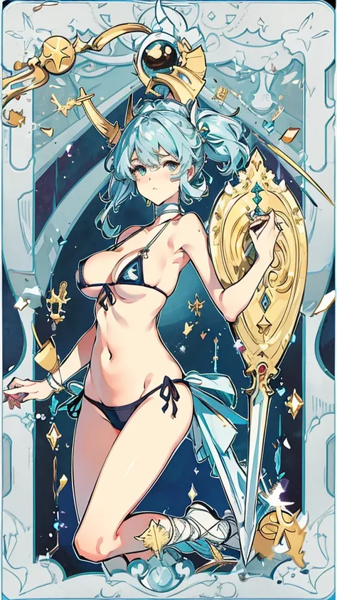 Libra、tarot cards,Hands together,Vulcan salute,attention, There is a halo behind the head,finely_detailed, perfect_Body, perfect_Eye, perfect_Face, perfect_finger,Yu-Gi-Oh card game style、(((Voluminous breasts 1.8)))、(((micro bikini 1.4)))、(Saggy breasts 1...