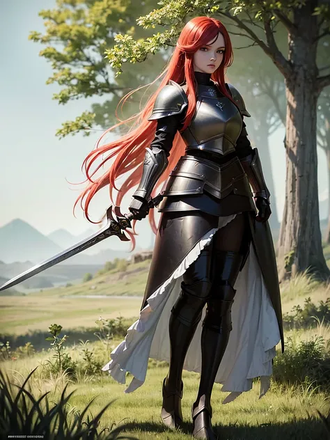 Portrait, fantasy, Beautiful, majestic, warrior woman, solo-girl, (long red hair:1.1), pale white skin, green eyes, narrow eyes, (black leather armor:1.4), grey shoulder pads, grey gauntlets, grey metal boots, holding a sword, standing in a grassy field