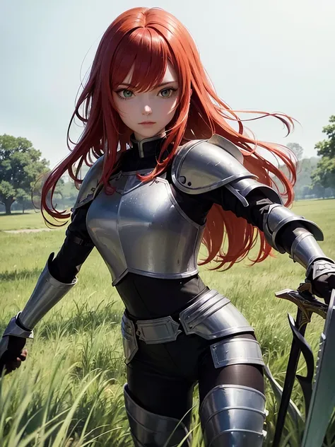 Portrait, fantasy, Beautiful, majestic, warrior woman, solo-girl, (long red hair:1.1), pale white skin, green eyes, narrow eyes, (black leather armor:1.4), grey shoulder pads, grey gauntlets, grey metal boots, holding a sword, standing in a grassy field