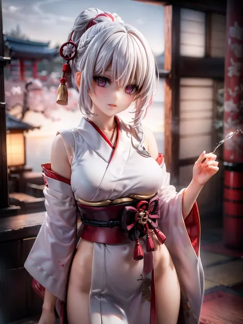 woman with white hair, Eyes red, Japanese traditional clothing