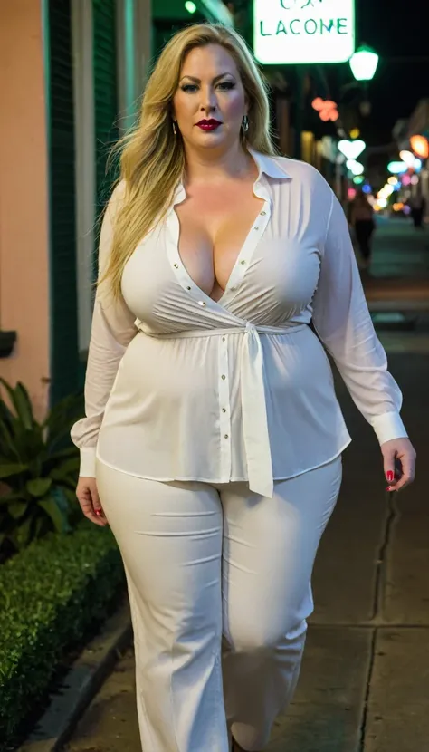 Fat woman, 40 years old white Caucasian woman, walking outside, night time, new Orleans, long straight blonde hair, serious, chubby, bbw, elegant, cleavage, thick thighs, shirt and pants, big hips, makeup, lipstick 