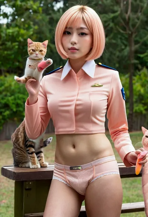 (Sayla Mass=Beautiful 15 year old girl:1.97), (blonde bob cut:1.7), ((Earth Federation military uniform　Peach-colored uniform　girl in uniform:1.999)), ((Dildo under panties, Cat dildo:1.9999)), (masterpiece　complete limbs　8 heads and bodies　full finger　rea...