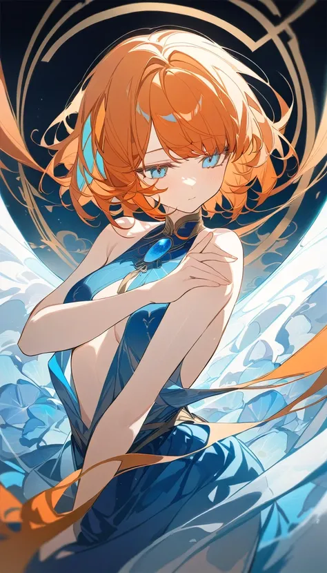 Girl, seductive,  orange colored hair with light blue highlights, lovely bob style hair, goddess, blue ethereal dress. 