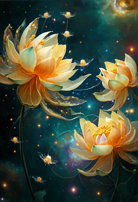 cosmic lotus flowers bloom in swirling nebulae, their petals unfolding to reveal miniature galaxies inhabited by tiny, mischievous star-sprites with delicate wings like stardustdvr-cl-dvsn