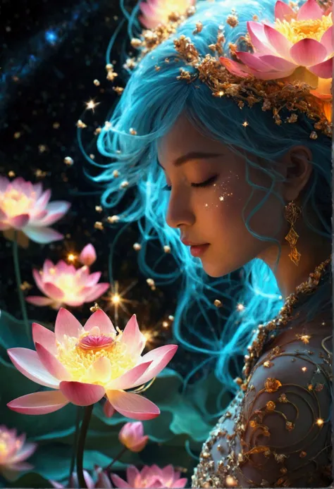 cosmic lotus flowers bloom in swirling nebulae, their petals unfolding to reveal miniature galaxies inhabited by tiny, mischievous star-sprites with delicate wings like stardustdvr-cl-dvsn