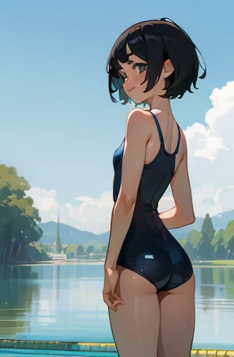 swimming suits,flat chest,1 girl,naturals,river,short hair,black hair,Childhood friend,thick eyebrows ,ass pov face,smile,ass pov,countryside,1girlwearing Tシャツ on swimming suits,9yo