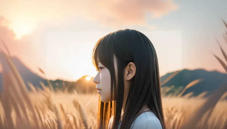 A young girl stands in a wheat field, profile of anime girl, close up of a young anime girl, anime. Soft lighting, anime girl portrait profile, realistic young anime girl, portrait of an anime girl, anime woman headshot profile, Portrait of a Japan teenage...