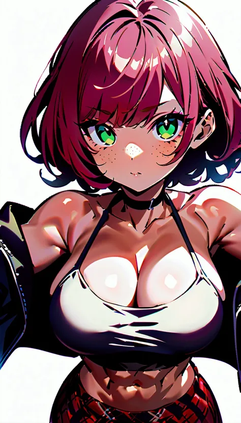 woman, curly red pixie cut hair, green eyes, wearing crop top black shirt, long black jacket, red plaid skirt, black fingerless gloves, exposed shoulders, large breasts freckles, cleavage, abs, looking at viewer, masterpiece, best quality