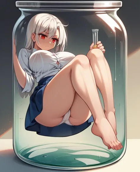 artwork, Attention to details, beautiful girl , big breasts, long white hair and red eyes, with  uniform, blue skirt, serious face, bare legs, white panties, whole body, barefoot, trapped inside a transparent glass jar, waxed inside, inside the jar, whole ...