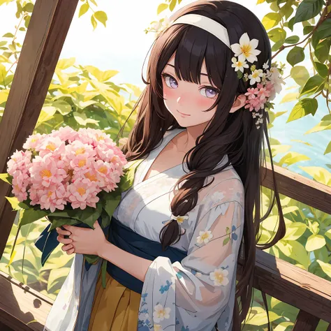 masterpiece， Very detailed， Best quality， Ultra-high resolution， 1 Girl， solo，（Ratio of Hyuga flowers：1），Long hair hanging down, Headband, Hana&#39;s purple eyes, Ponytail, beautiful, beautiful woman, Perfect body, Perfect breasts, View Viewer, Smile, real...