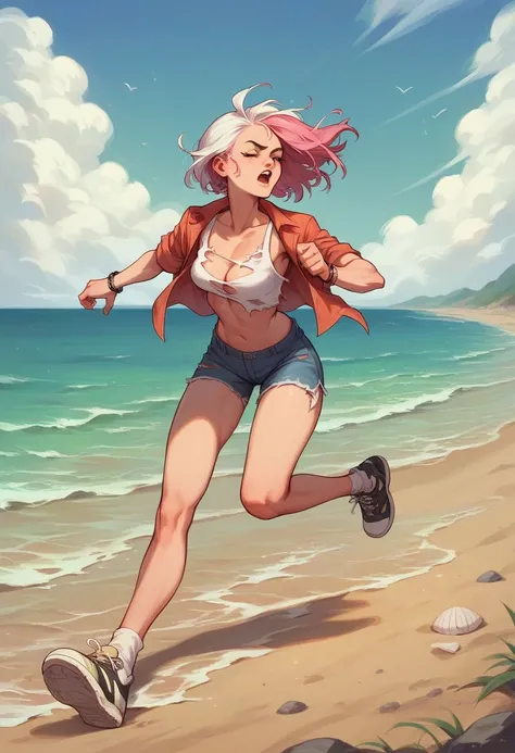 Make a woman, wearing no shirt, with the bra torn, running on the beach, with white hair, in the pink hair pieces, at the bottom she is wearing a mini leather cause like an open top, make her look scary 