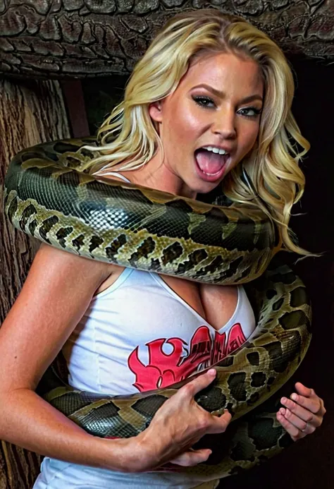  Happy Horny, aroused 1girl), beautiful blonde young teen girl  with  giant colossal Kaa monster squeezing her hard, wrapped in thick spiraling coils, constricted, struggle, gasping for air, snake attack, snake peril 