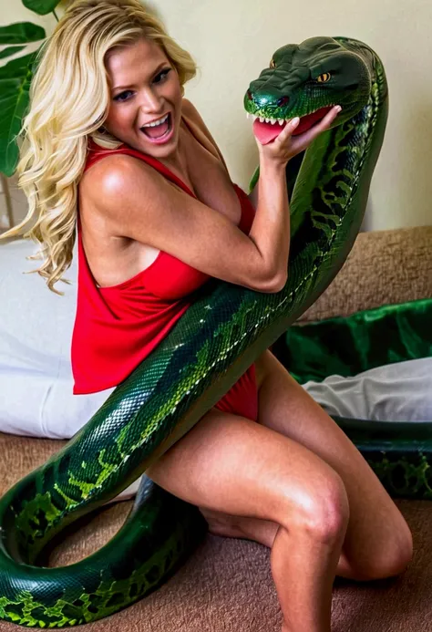  Happy Horny, aroused 1girl), beautiful blonde young teen girl  wearing red thong with  giant colossal  green kaa monster squeezing her hard, wrapped in thick spiraling coils, constricted, struggle, gasping for air, snake attack, snake peril,