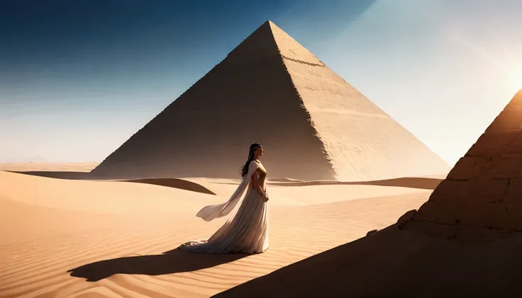 score 9, sorce photo, from side, wide shot, a young gay princess in egyptian style gorgeous dress, looking up at the pyramids, o...