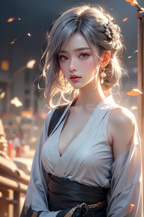 super high quality, masterpiece, Perfect illustration, Very detailed (Exquisite light and shadow, Very dramatic photo,Backlight) , ((Gray Hair:1.5))1 Girl,(( alone:1.6)), (Wearing Japanese clothes, Black and white kimono,Black Hanfu Monotony,Long sleeve、Tw...