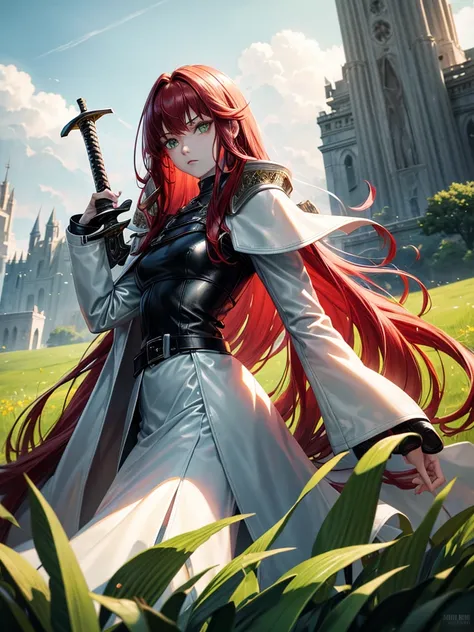 Portrait, fantasy, Beautiful, majestic, warrior woman, solo-girl, (long red hair:1.1), pale white skin, green eyes, narrow eyes, (black long leather coat:1.4), grey shoulder pads, holding a sword, standing in a grassy field