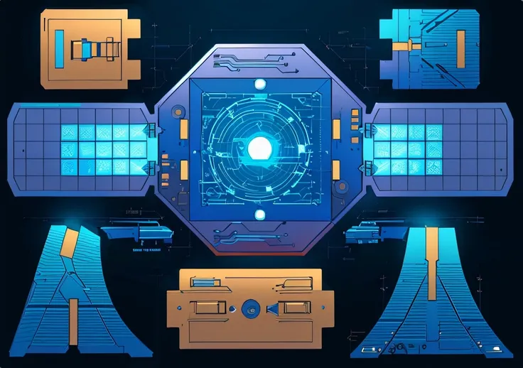 highly detailed panel cuts, highly detailed panel cuts,plan of a small space station with computers, parts and components, simpl...