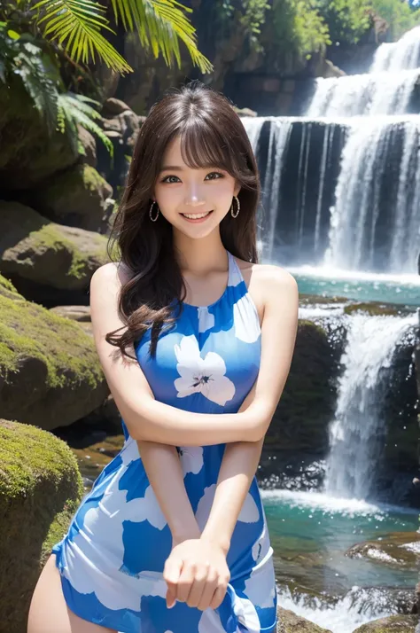 Highest quality　Big and beautiful eyes　beautiful girl　23 years old　Girl posing in front of a waterfall　Beautiful skin　Smiling　Wearing a one-piece dress