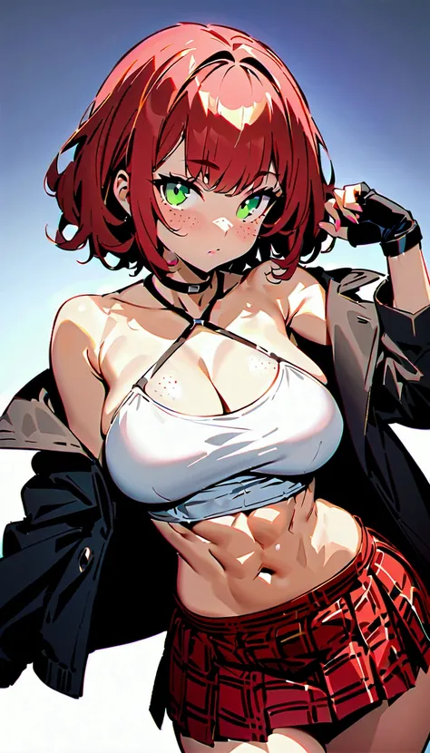 woman, curly red pixie cut hair, green eyes, wearing crop top black shirt, long black jacket, red plaid skirt, black fingerless gloves, exposed shoulders, large breasts freckles, cleavage, abs, looking at viewer, masterpiece, best quality