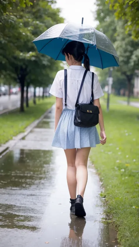 a girl walking home from school on a pluiey day, tenir un parapluie, grenouilles, escargots, pluie, flaques d&#39;eau, chaussée ...