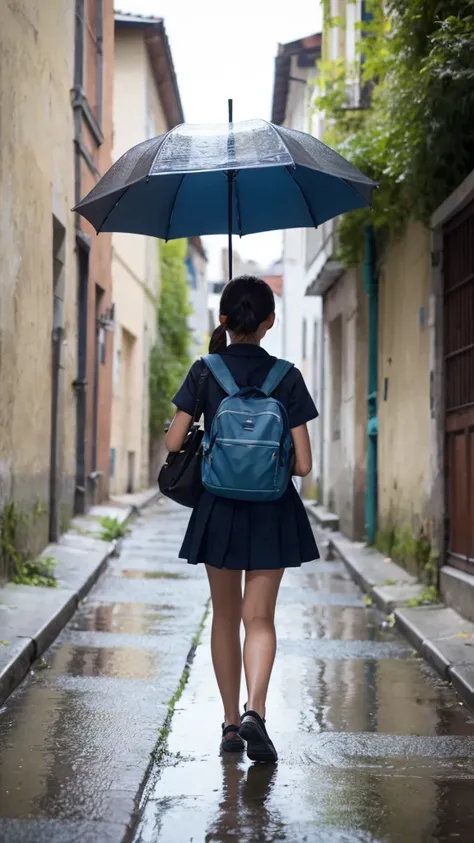 a girl walking home from school on a pluiey day, tenir un parapluie, grenouilles, escargots, pluie, flaques d&#39;eau, chaussée ...