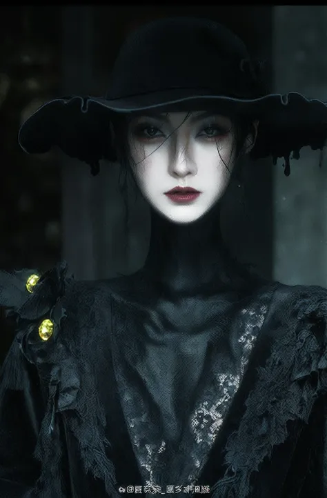 Wearing a black dress、Wearing a black hat、Arav woman wearing black makeup, fashionable dark witch, dark witch character, portrait of a dark witch, Classical witch, Super detailed fantasy characters, Dark horror style, Dark fantasy meets reality, Portrait o...