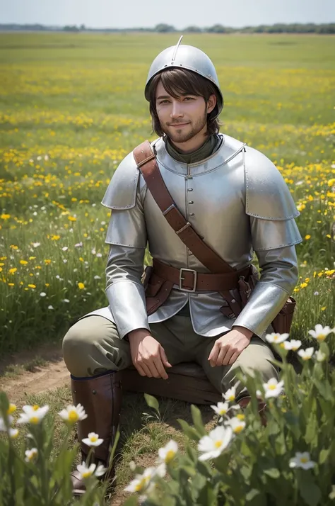 Happy medieval soldier sitting in a field of flowers