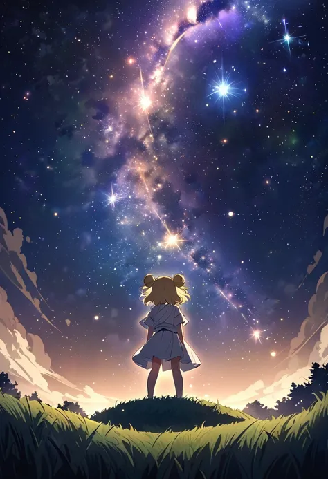 Himiko Toga from My Hero Academia, gazing up at a mesmerizing starry night sky, anime style, full-body shot, Togas blonde hair buns and  visible, standing on a grassy hill, Milky Way stretching across the sky, brilliant constellations, soft moonlight illum...