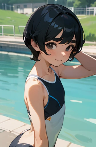 swimming suits,flat chest,1 girl,naturals,river,short hair,black hair,Childhood friend,thick eyebrows ,ass pov face,smile,ass pov,countryside,1girl,9yo,masterpiece,best quality,super detailed,sun,super fine illustration,(full face brasched:1.3)