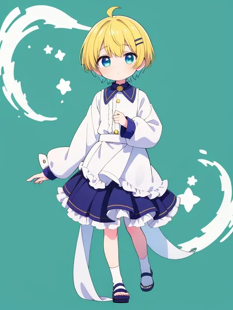 1boy,chibi,Yellow short hair, Teru Teru Bouzu-shaped hair clip, covered with cloth like a Teru Teru Bouzu, light blue eyes, gentle personality, girlish boy,full body, green background,