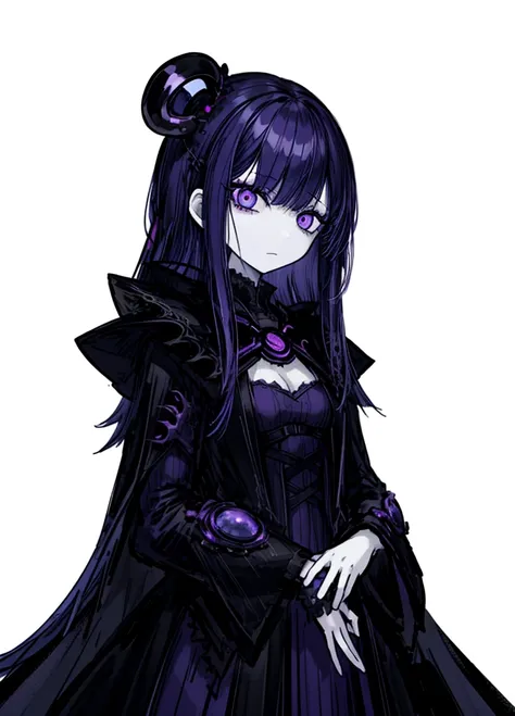 1girl, pale skin, blue-purple eyes, blue-purple hair, necromancer, nice clothes, (high resolution, high detail, best quality) , calm