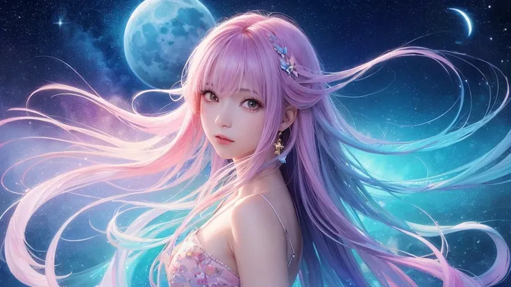 (masterpiece, top quality, best quality,watercolor (medium),official art, beautiful and aesthetic:1.2),(1girl:1.3), (fractal art:1.3),upper body, from side, looking at viewer,patterns,(rainbow color Hair,colorful hair,half blue and half pink hair:1.2),wate...