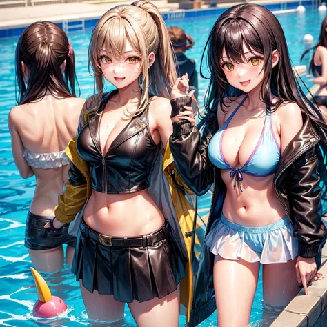 best quality，，smile，blazer，middle School girls，leather jacket，beautiful girl,swimsuit,比基尼,multiple girls are depicted，harem，idol group，photo shoot，long hair，highest quality，big breasts，happy girl,horny girl，yellow eyes，Pool，Beautiful Girl Country，Beautiful...