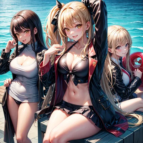 best quality，，smile，blazer，middle School girls，leather jacket，beautiful girl,swimsuit,比基尼,multiple girls are depicted，harem，idol group，photo shoot，long hair，highest quality，big breasts，happy girl,horny girl，yellow eyes，Pool，Beautiful Girl Country，Beautiful...