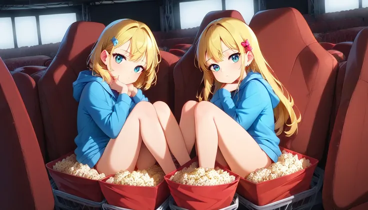 ((2girls:1.3)), ((hoodie:1.3)), ((movie theatre:1.3)), ((full body:1.3)), ((hand on chin:1.3)),  ((popcorn:1.3)), ((bored:1.3)), ((grenade:1.3)), ((moe style:1.3)), ((perfect face)), ((extremely cute:1.3)), ((masterpiece:1.3)), ((8k)), ((best quality:1.3))...