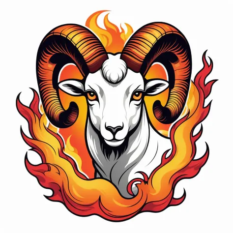 Aries ram emerging from flames, neo-traditional tattoo art, passionate and dynamic, fiery backlight glow, bold outlines with color fill, vibrant oranges and reds, large back design with small front logo, distressed ink look, alternative streetwear culture,...