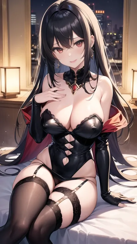 ((Highest quality)),(8K),((Anime illustration)) ,【One Girl,One boy(men and women)】,Red moonlit night、sitting on the couch in the club,Beautiful night view, ((NSFW)),((Black haired Cleopatra)),(Red glowing eyes),(Good elevator),Beautiful black lingerie,(Wea...