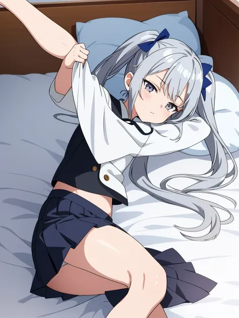 laying on the bed with legs raised, 1girl, anime girl, silver hair, long twintails, silver eyes, dark blue crop top school suit, black skirt with white line