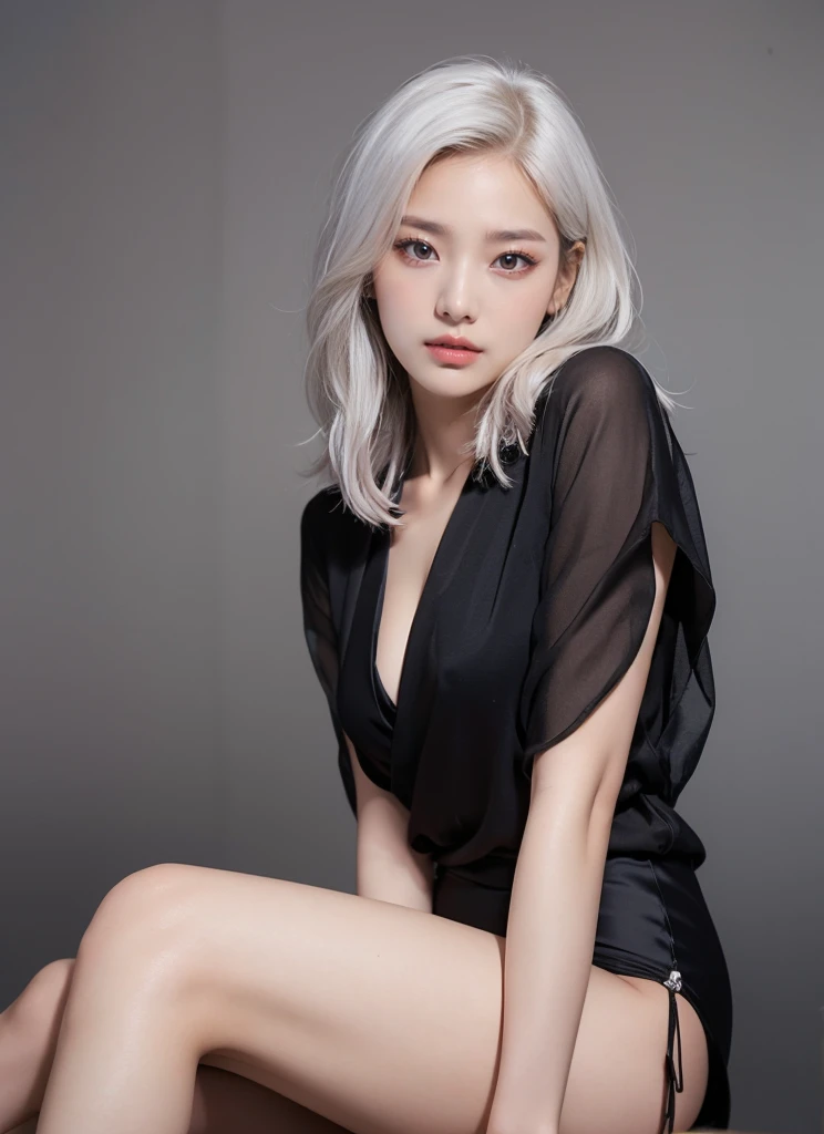 silk transparency，high score hair、individual，34 years old， A young man with silver hair biting his lip，Sitting position，towards the camera，Sitting position双抬腿）(camel toe)，(no)，(didn&#39;t bring it)，Sitting position，crotch top，fascinating，high heel， long le...