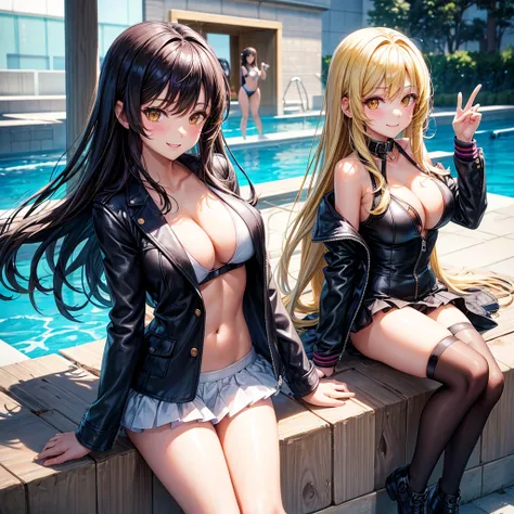 best quality，，smile，blazer，middle School girls，leather jacket，beautiful girl,swimsuit,比基尼,multiple girls are depicted，harem，idol group，photo shoot，long hair，highest quality，big breasts，happy girl,horny girl，yellow eyes，Pool，Beautiful Girl Country，Beautiful...