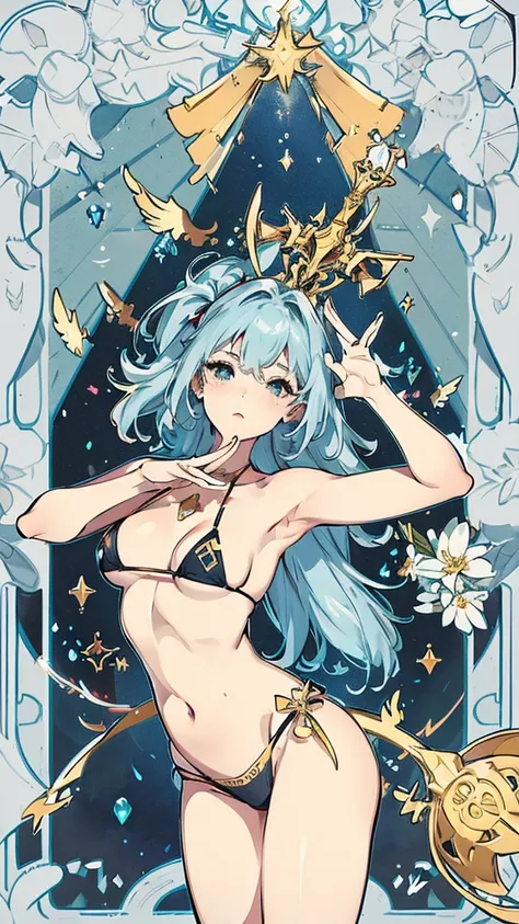 Sagittarius、tarot cards,Hands together,Vulcan salute,attention, There is a halo behind the head,finely_detailed, perfect_Body, perfect_Eye, perfect_Face, perfect_finger,Yu-Gi-Oh card game style、(((Voluminous breasts 1.8)))、(((micro bikini 1.4)))、(Saggy bre...