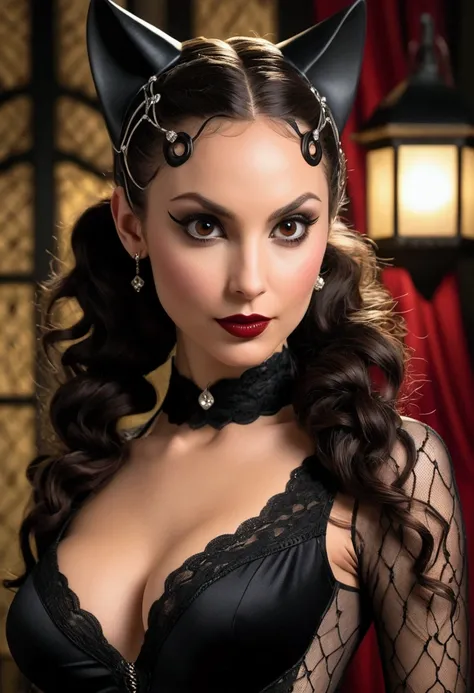 Full body shot Troian Bellisario catwoman, ringlets wavy five feet long black hair, updo hairstyle with ponytail on one side and long hairpins holding the bun long braid, strong thighs, dark red glossy lips, heavy black eye shadow long black eyeliner, long...