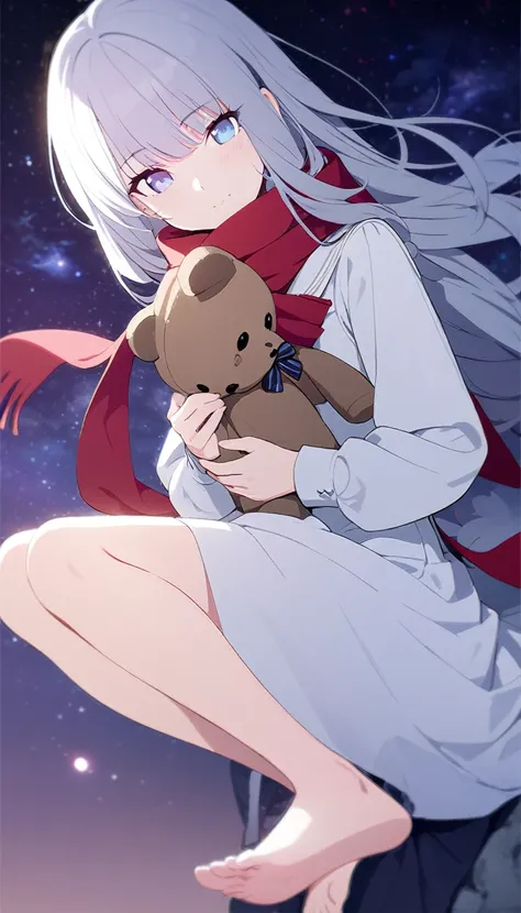 (((masterpiece))), (((best quality))),(((high detail))),light manipulation, girl with long silver hair, gradient purple to sky blue eyes, wearing a white dress, a red scarf, galaxy background, holding a teddy bear, feet, no footwear