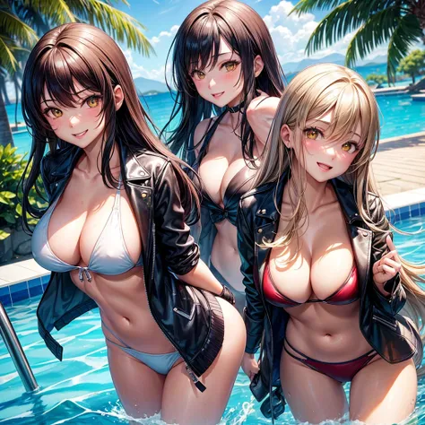 best quality，，smile，blazer，middle School girls，leather jacket，beautiful girl,swimsuit,比基尼,multiple girls are depicted，harem，idol group，photo shoot，long hair，highest quality，big breasts，happy girl,horny girl，yellow eyes，Pool，Beautiful Girl Country，Beautiful...