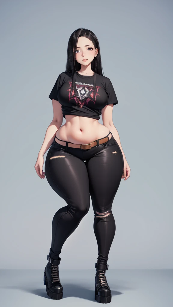 blank background, (((full body))), (masterpiece), ((best quality)), ((tall girl)), straight hair (curvy:1.6), (punk girl), shoes, belt below navel, black hair, wide hips, (black jeans), (short sleeves)