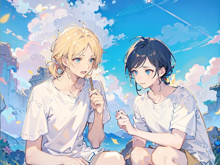 Two boys，Squatting，The person on the left has blond hair，The person on the right has dark blue hair，White shirt，shorts，Holding a firework stick，daytime，outdoor，Natural light，Blue sky and white clouds，White T-shirt，8K，Correct human body，Detailed eye paintin...