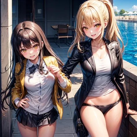 best quality，，smile，blazer，middle School girls，leather jacket，beautiful girl,swimsuit,比基尼,multiple girls are depicted，harem，idol group，photo shoot，long hair，highest quality，big breasts，happy girl,horny girl，yellow eyes，Pool，Beautiful Girl Country，Beautiful...