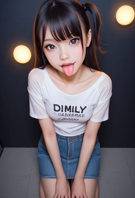 pastel colors t-shirt,off-shoulder look,bare shoulder,ollarbone,midriff peek,Tight denim mini skirt,open mouth,(tongue out:2),kneeling,arms at sides,(overhead shot:2),front view,upper body,face focus,(1girl,Beautiful 14 year old girl),((Slender,Small breas...